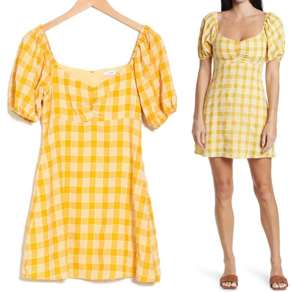 NEW Lush Checker Gingham Plaid Ruched Sweetheart Mini Dress Marigold Yellow M - Picture 1 of 8